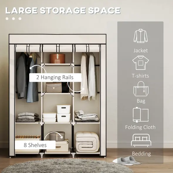 HOMCOM Fabric Wardrobe, with Rails and Shelves - Cream White - 4