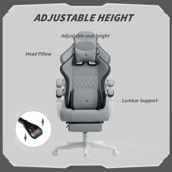 HOMCOM Ergonomic High Back Gaming Chair for Adults, Printed Velvet Computer Recliner Chair with Footrest, Lumbar Support, Adjustable Height and 360° Swivel Seat for Office or Gaming, Grey - 7