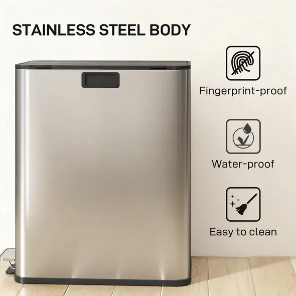 HOMCOM Dual Kitchen Bin with Soft-Close Butterfly Lid, 2 x 28L Stainless Steel Pedal Bin with Removable Inner Buckets, Fingerprint-Proof for Recycling and Waste, Silver Tone - 6