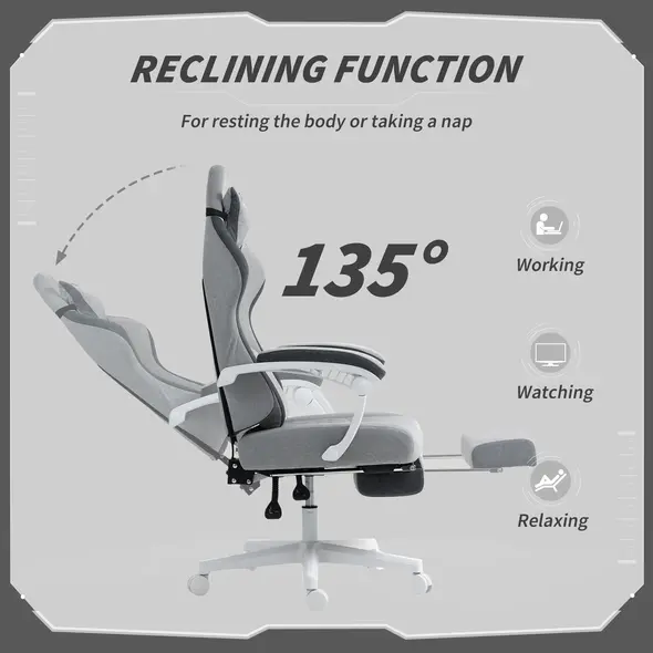 HOMCOM Ergonomic High Back Gaming Chair for Adults, Printed Velvet Computer Recliner Chair with Footrest, Lumbar Support, Adjustable Height and 360° Swivel Seat for Office or Gaming, Grey - 6