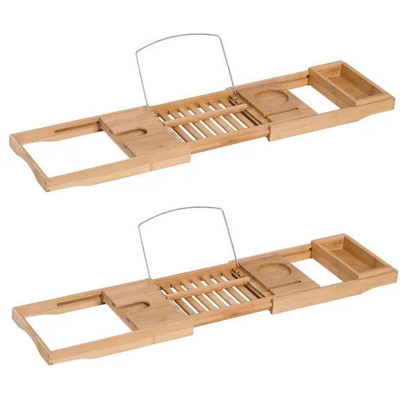 HOMCOM Extendable Bamboo Bathtub Shelf Rack Bath Caddy Tray Bathroom Storage, Set of 2 - 1