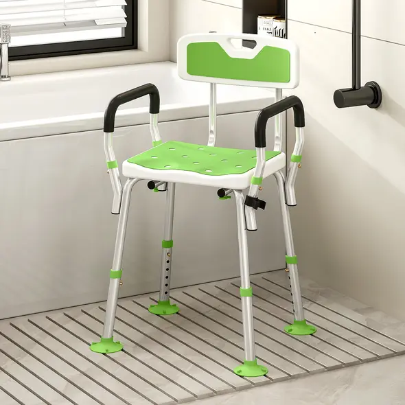 HOMCOM EVA Padded Shower Chair for the Elderly and Disabled, Height Adjustable Shower Stool with Back and Arms, 4 Suction Foot Pads, Green - 2