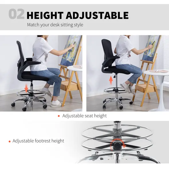 HOMCOM Draughtsman Chair, with Adjustable Lumbar - Black - 5