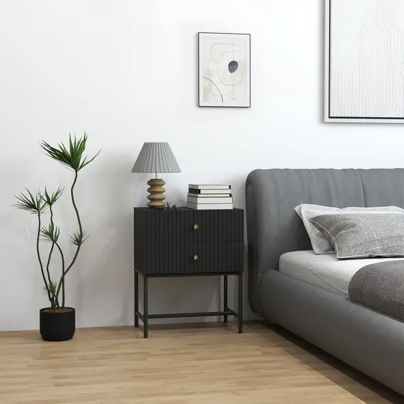 HOMCOM Elegant Two-Drawer Bedside Table - Black - 2