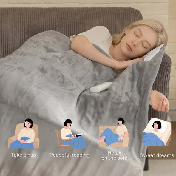 HOMCOM Electric Heated Blanket Throw 140 x 160cm with Dual Controllers, Machine Washable Heated Throw Blanket with Ultra Soft Flannel Fabric, 5 Heating Levels, 10 Hour Timer, Grey - 7