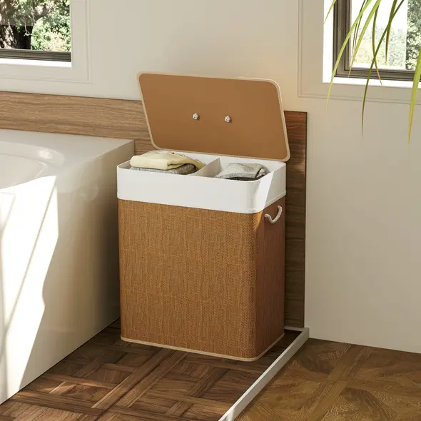 HOMCOM Double Laundry Basket with Lid, 100L Bamboo Laundry Hamper with Rope Handles, Washing Basket with Removable Liner for Bathroom, Bedroom, Brown - 8