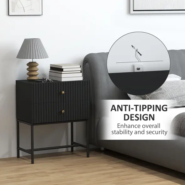 HOMCOM Elegant Two-Drawer Bedside Table - Black - 7