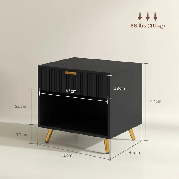 HOMCOM Elegant Bedside Table Set of 2, with Drawer and Shelf - Black/Gold Tone - 3