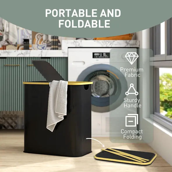 HOMCOM Double Laundry Basket With Lid, 80L Collapsible Laundry Hamper with Groove Handles, Washing Basket for Bathroom, Bedroom, Laundry Room, Black - 6