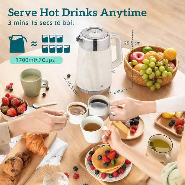 HOMCOM Electric Stainless Steel Kettle and Toaster Set, 3000W 1.7L UK Strix Thermostat Fast Boil Kettle w/ Limescale Filter, Cool Touch Body, 4 Slice Toaster with 7 Browning Levels, Crumb Tray, Cream - 3