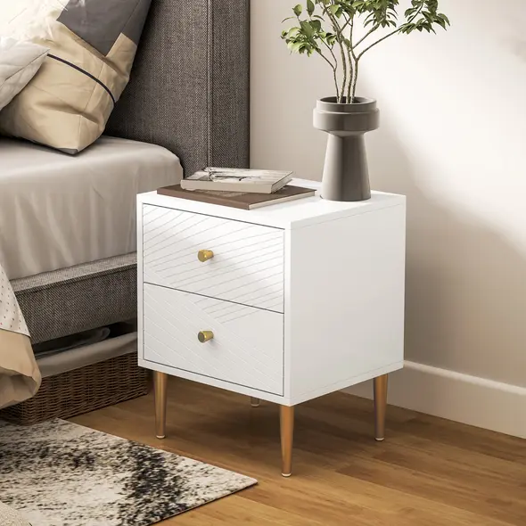 HOMCOM Elegant Two-Drawer Bedside Table - White/Gold-Tone - 8