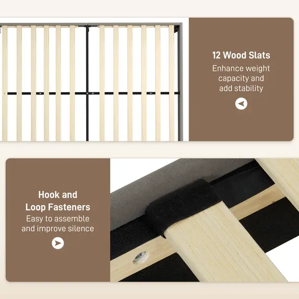 HOMCOM Double Bed Frame, with Velvet-Feel Headboard - Grey - 8