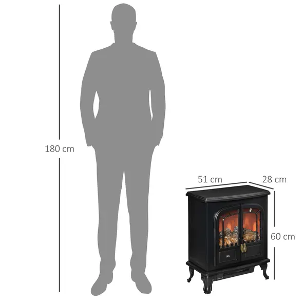 HOMCOM Electric Fireplace Stove Heater with LED Fire Flame Effect, Double Door, Freestanding & Portable with Overheat Protection, 1000W/2000W, Black - 3