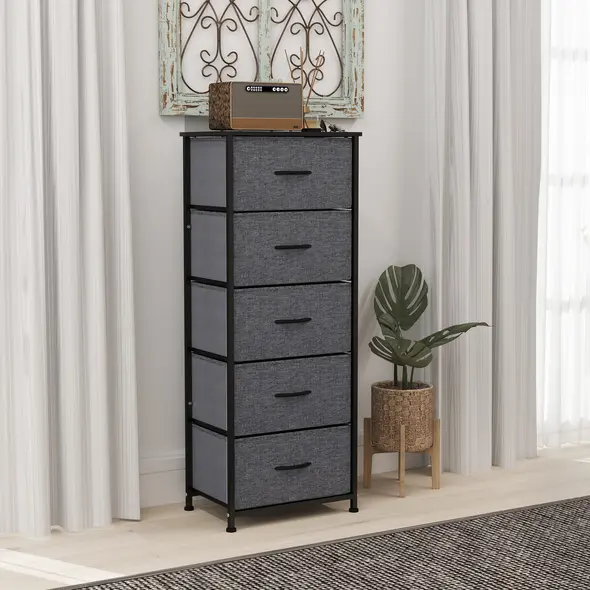 HOMCOM Fabric Chest of Drawers, Industrial Bedroom Dresser with 5 Fabric Drawers, Steel Frame and Wooden Top for Nursery, Living Room, Hallway, Dark Grey - 8