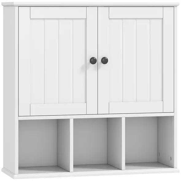 HOMCOM Farmhouse Bathroom Wall Cabinet, Wall Mounted Medicine Cabinet with Adjustable Shelf, Open Compartments, White - 1