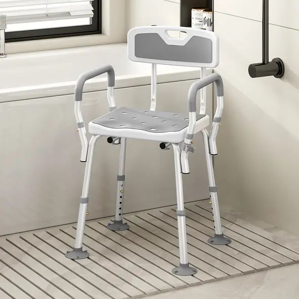 HOMCOM EVA Padded Shower Chair for the Elderly and Disabled, Height Adjustable Shower Stool with Back and Arms, 4 Suction Foot Pads, Light Grey - 2