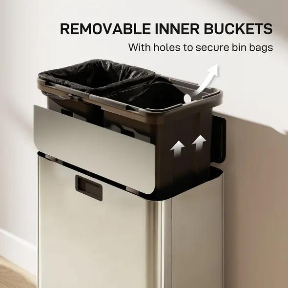 HOMCOM Dual Kitchen Bin with Soft-Close Butterfly Lid, 2 x 28L Stainless Steel Pedal Bin with Removable Inner Buckets, Fingerprint-Proof for Recycling and Waste, Silver Tone - 7