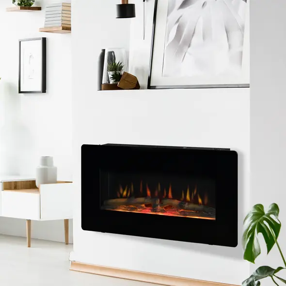 HOMCOM Electric Wall-Mounted Fireplace Heater with Adjustable Flame Effect, Remote Control, Timer, 1800/2000W, Black - 2
