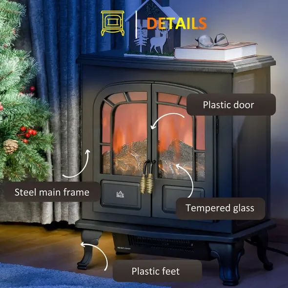 HOMCOM Electric Fireplace Stove Heater with LED Fire Flame Effect, Double Door, Freestanding & Portable with Overheat Protection, 1000W/2000W, Black - 7