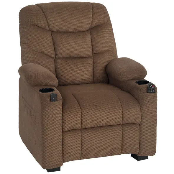 HOMCOM Electric Massage Recliner Armchair with Vibration, Heat, Whisper-Quiet Motor, Memory Function, Fleece Power Reclining Chair with Spring Pack, USB Port, Footrest, Side Pocket, Cup Holders, Brown - 1