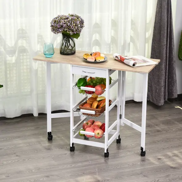 HOMCOM Drop-Leaf Kitchen Cart Trolley w/ 3 Baskets Drawer Surface Top 6 Universal Wheels Rolling Storage Unit Kitchen Home Dining Island White Oak Tone - 2