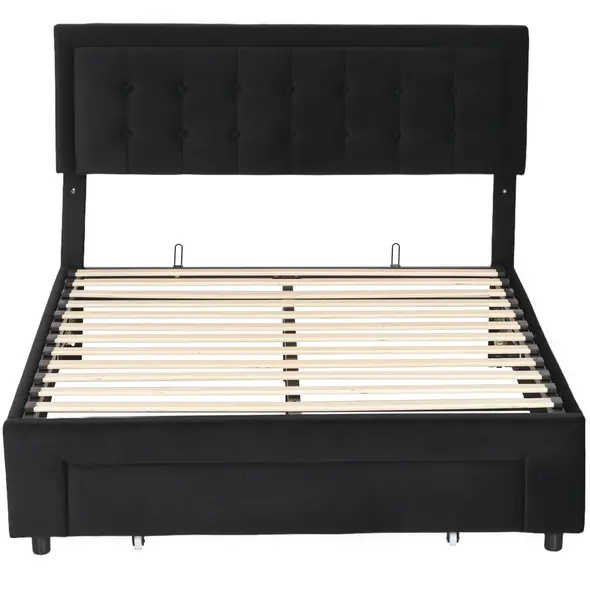 HOMCOM Double Ottoman Bed Frame, with Front Drawer - Black - 1