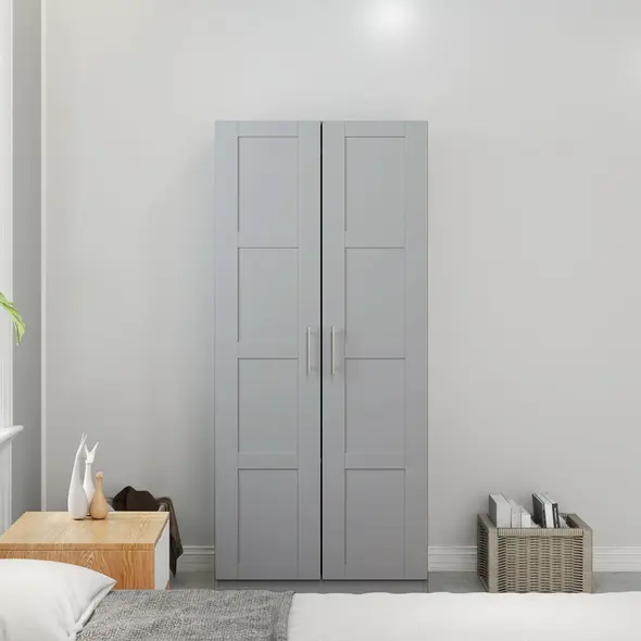 HOMCOM Double Paneled Door Wardrobe, with Shelves - Grey - 7