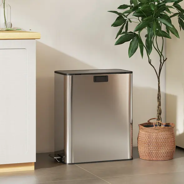 HOMCOM Dual Kitchen Bin with Soft-Close Butterfly Lid, 2 x 28L Stainless Steel Pedal Bin with Removable Inner Buckets, Fingerprint-Proof for Recycling and Waste, Silver Tone - 9