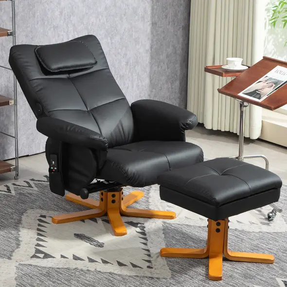 HOMCOM Faux Leather Massage Recliner Chair, with Storage Ottoman - Black - 2
