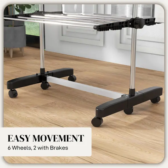 HOMCOM Four-Shelf Collapsing Clothes Horse, With Side Arms and Wheels - Black - 7