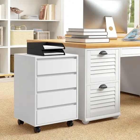 HOMCOM Four-Drawer Office Filing Cabinet, with Wheels - White - 2