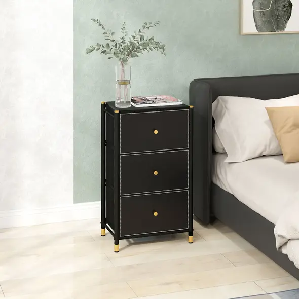 HOMCOM Faux Leather Front Chest of Three Drawers - Black - 2