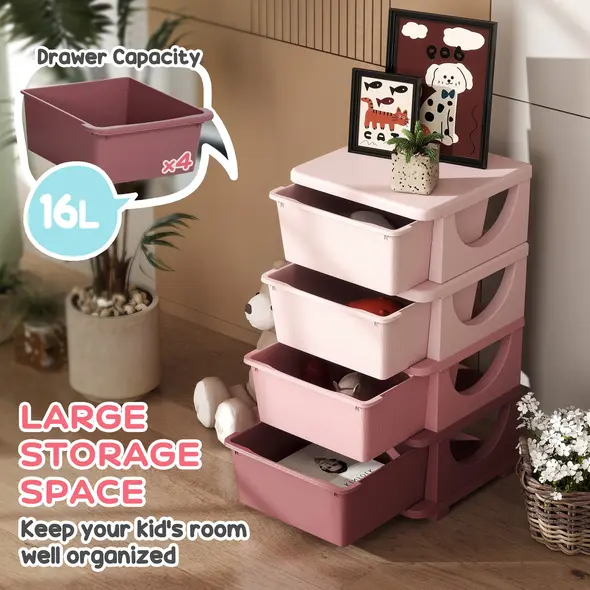 HOMCOM Four-Tier Kids Storage Boxes, with Four Drawers, Pink - 4