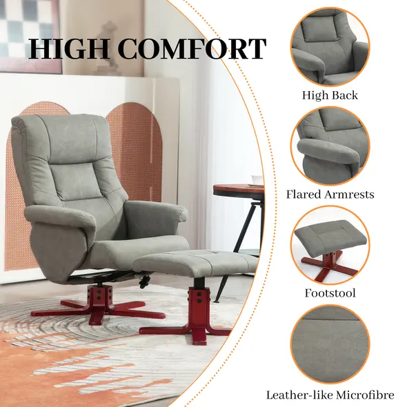 HOMCOM Faux Microfibre Leather Manual Recliner and Footstool Set - Grey - 6