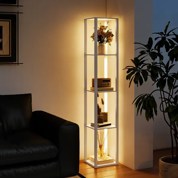 HOMCOM Floor Lamp with Shelves and 3 Brightness Levels - White - 8