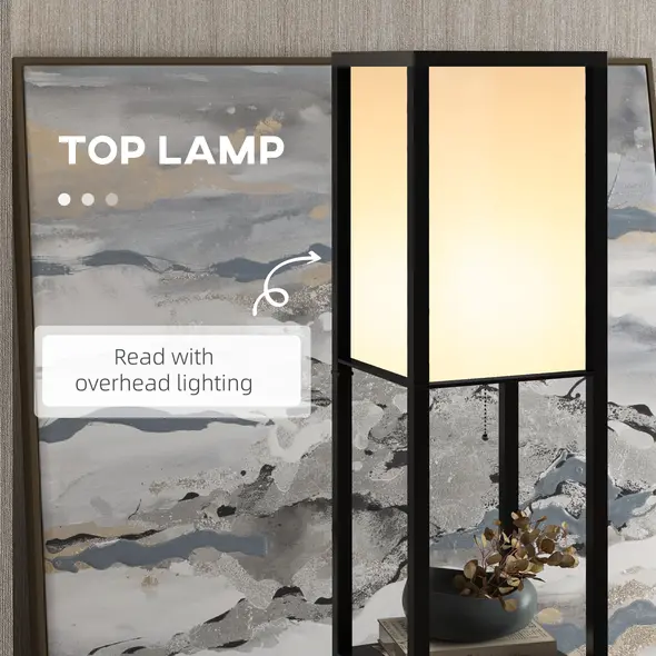 HOMCOM Floor Lamp with Shelves and Top Light, Modern Corner Standing Lamp with TC Fabric Lampshade for Living Room, Bedroom, Bulb not Included, Black - 5
