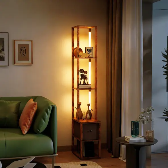 HOMCOM Floor Lamp with Shelves, LED Column Modern Standing Lamp with Fabric Drawer, Adjustable Brightness, Foot Switch for Living Room, Bedroom, Office, Rustic Brown - 7