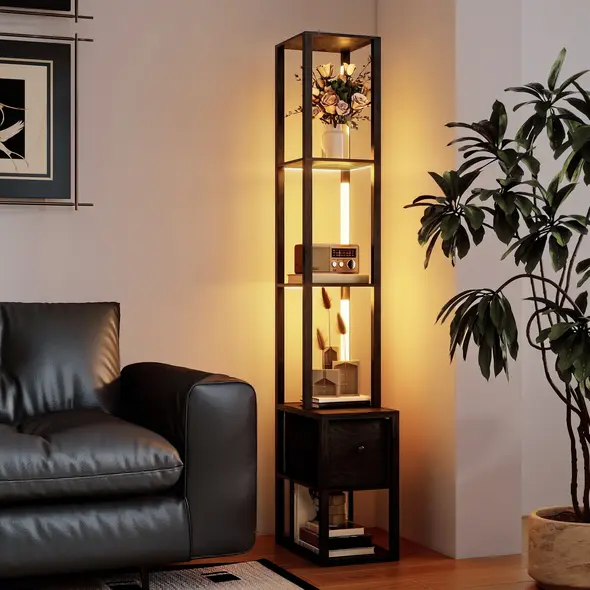 HOMCOM Floor Lamp with Shelves, LED Column Modern Standing Lamp with Fabric Drawer, Adjustable Brightness, Foot Switch for Living Room, Bedroom, Office, Black - 8