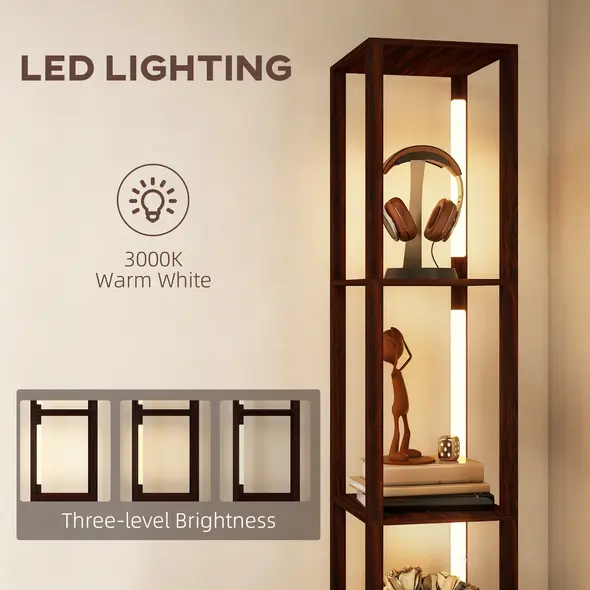 HOMCOM Floor Lamp with Shelves, LED Column Modern Standing Lamp with Fabric Drawer, Adjustable Brightness, Foot Switch for Living Room, Bedroom, Office, Dark Brown - 5