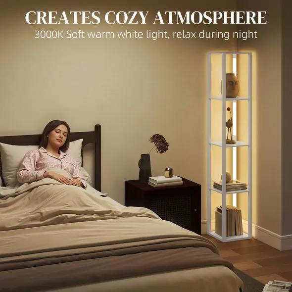 HOMCOM Floor Lamp with Shelves and 3 Brightness Levels - White - 6