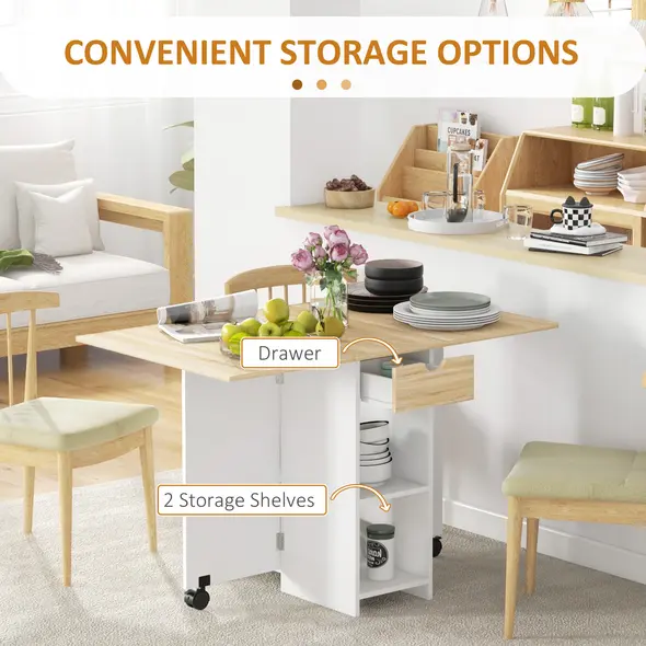HOMCOM Folding Dining Table, Drop Leaf Table for Small Spaces, Foldable Table with Drawer and Storage Shelves for Kitchen, Dining Room, Oak - 4