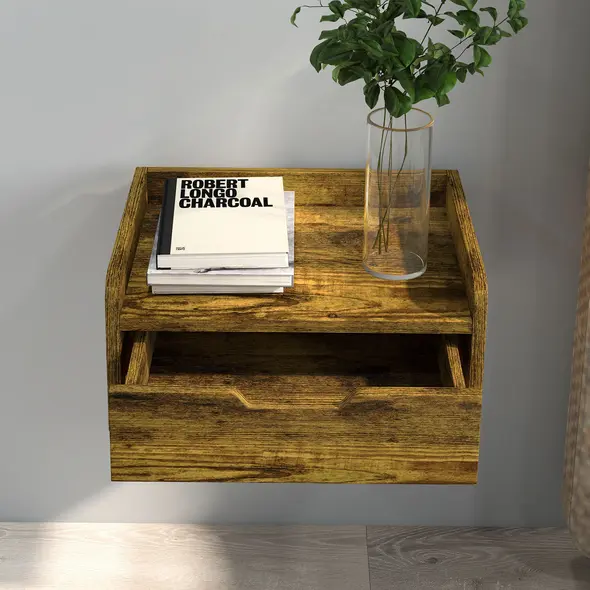 HOMCOM Floating Nightstands Set of 2, Wall Mounted Bedside Table with Drawer for Bedroom, Rustic Brown - 7