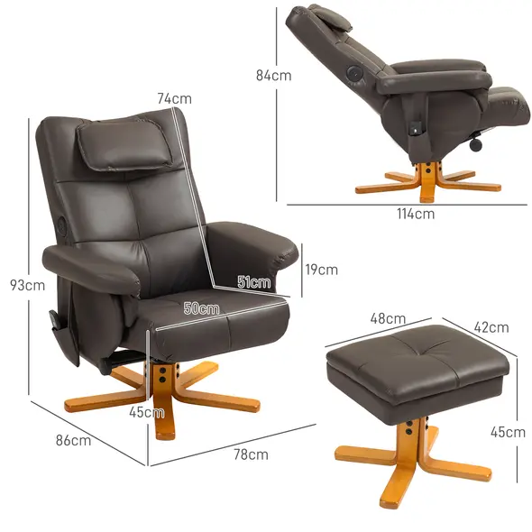 HOMCOM Faux Leather Massage Recliner Chair, with Storage Ottoman - Brown - 3