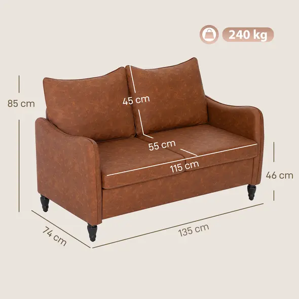 HOMCOM Faux Leather Marble-Effect Two-Seater Sofa - Brown - 3