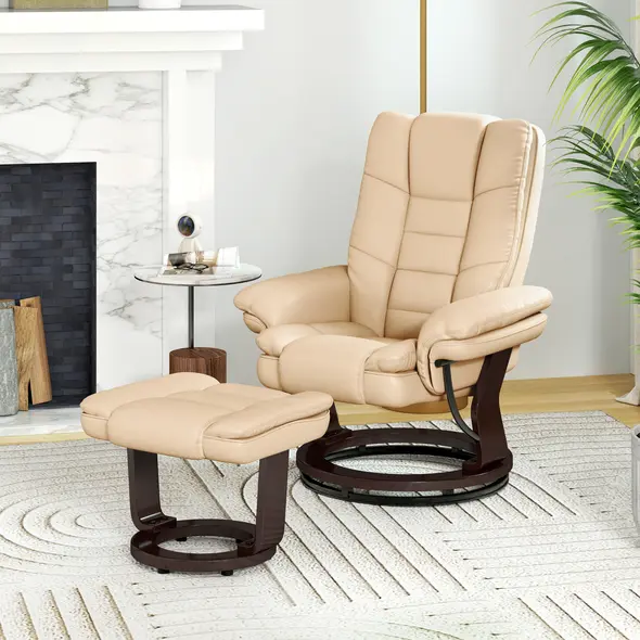 HOMCOM Faux Leather 135° Reclining Chair and Footstool - Beige - 8