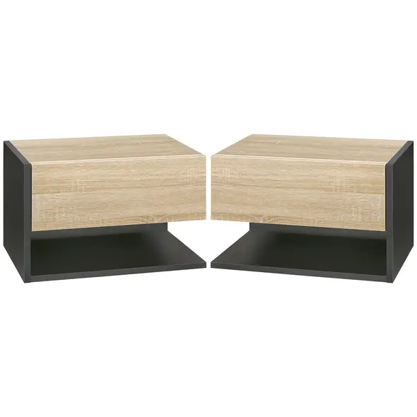 HOMCOM Floating Bedside Table Set of 2, Wall Mounted Bedside Cabinet with Drawer and Open Shelf, Modern Nightstand for Bedroom, 46 x 30 x 30 cm, Oak Tone - 1