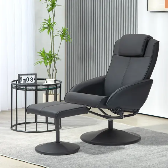 HOMCOM Faux Leather Reclining Chair and Footstool - Black - 2