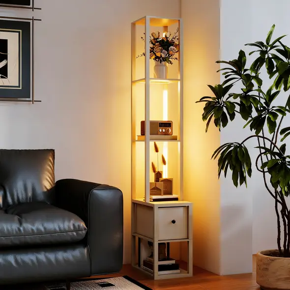 HOMCOM Floor Lamp with Shelves, LED Column Modern Standing Lamp with Fabric Drawer, Adjustable Brightness, Foot Switch for Living Room, Bedroom, Office, Oak - 8