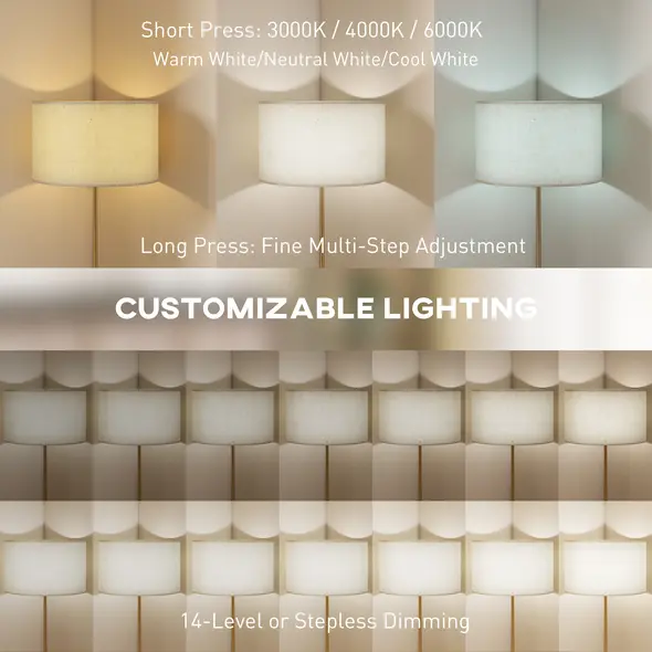 HOMCOM Floor Lamp with Remote, Height Adjustable Standing Lamp with Linen Shade, Dimmable with 3000K-6000K Adjustable Colour Temperatures, Foot Switch for Living Room Bedroom Office, Gold Tone - 4