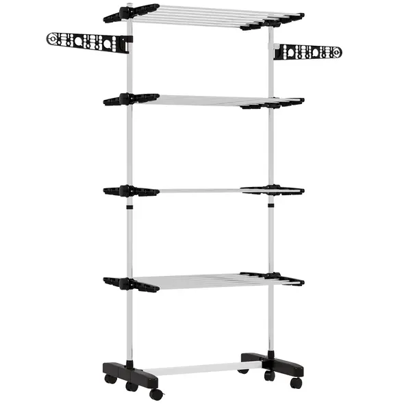 HOMCOM Four-Shelf Collapsing Clothes Horse, With Side Arms and Wheels - Black - 1
